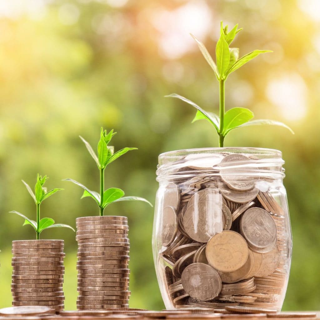 coins in jar with sprouting plant